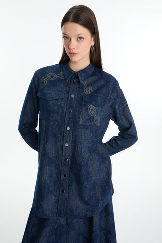 Patterned Shirt with Pocket Detail, Navy Blue Blouse/Shirt 0117