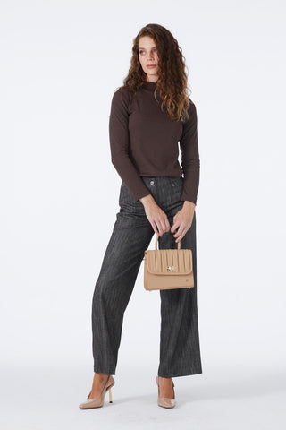 Wide Leg Brown Trousers with Elastic Waistband 0136