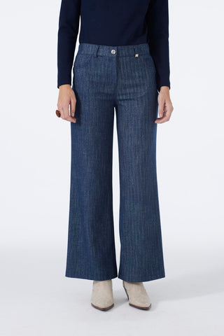 Wide Leg Navy Trousers with Elastic Waistband 0136