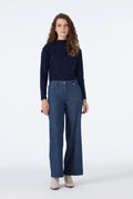 Wide Leg Navy Trousers with Elastic Waistband 0136