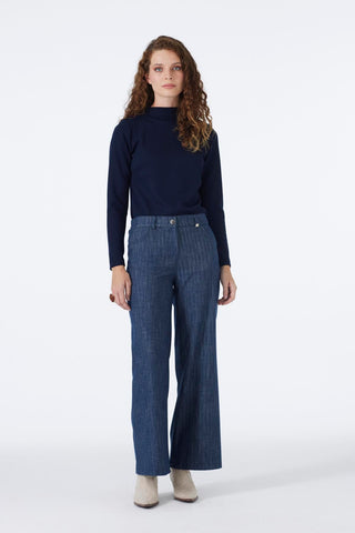 Wide Leg Navy Trousers with Elastic Waistband 0136
