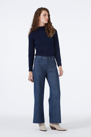 Wide Leg Navy Trousers with Elastic Waistband 0136