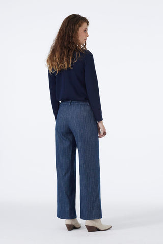 Wide Leg Navy Trousers with Elastic Waistband 0136