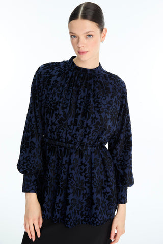 Patterned Balloon Sleeve Blouse Navy Blue Blouse/Shirt 0137