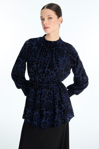 Patterned Balloon Sleeve Blouse Navy Blue Blouse/Shirt 0137