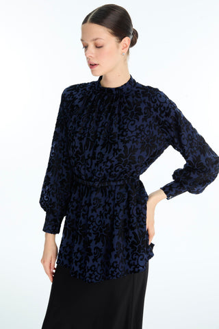 Patterned Balloon Sleeve Blouse Navy Blue Blouse/Shirt 0137