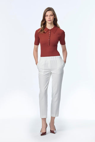 Dar Paça Beli Lastikli Kumaş Ekru Pantolon 0148