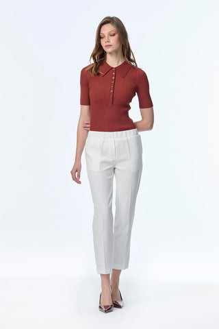 Dar Paça Beli Lastikli Kumaş Ekru Pantolon 0148