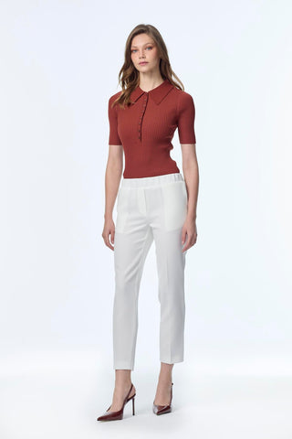 Dar Paça Beli Lastikli Kumaş Ekru Pantolon 0148