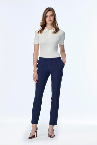 Narrow Leg Elastic Waist Fabric Navy Trousers 0148