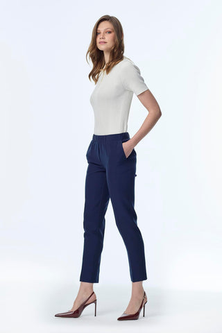 Narrow Leg Elastic Waist Fabric Navy Trousers 0148