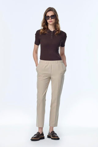 Slim-fit, elasticated waist, fabric, mink-colored trousers 0148