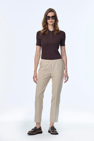 Slim-fit, elasticated waist, fabric, mink-colored trousers 0148