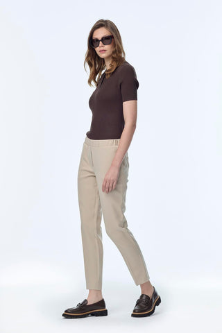 Slim-fit, elasticated waist, fabric, mink-colored trousers 0148