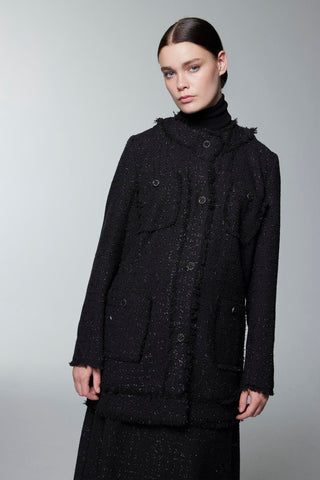 Tweed Dokulu Cep Detaylı Siyah Ceket 0151