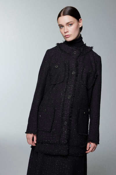 Tweed Dokulu Cep Detaylı Siyah Ceket 0151