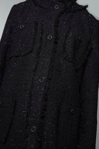 Tweed Dokulu Cep Detaylı Siyah Ceket 0151