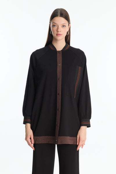 Şerit Detaylı Siyah/kahve Ceket 0166