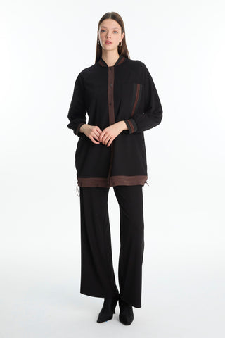 Şerit Detaylı Siyah/kahve Ceket 0166