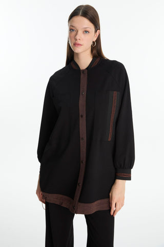 Şerit Detaylı Siyah/kahve Ceket 0166