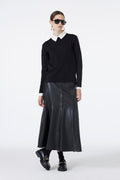 Button-Look Leather Black Skirt 0194
