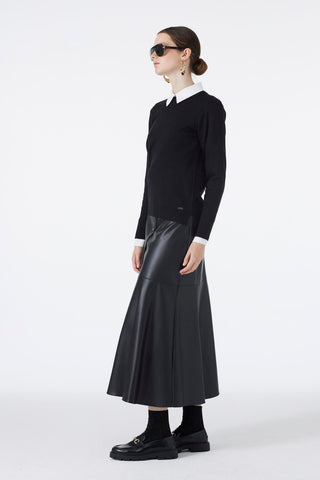 Button-Look Leather Black Skirt 0194