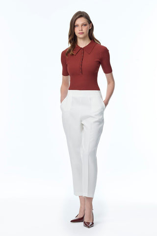 Elastic Waist Cigarette Ecru Trousers 0199