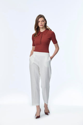 Elastic Waist Cigarette Ecru Trousers 0199
