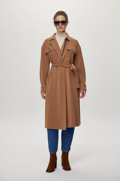 Broş Detaylı Kuşaklı Giy Çık Camel Giy Çık 0217
