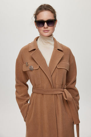 Broş Detaylı Kuşaklı Giy Çık Camel Giy Çık 0217