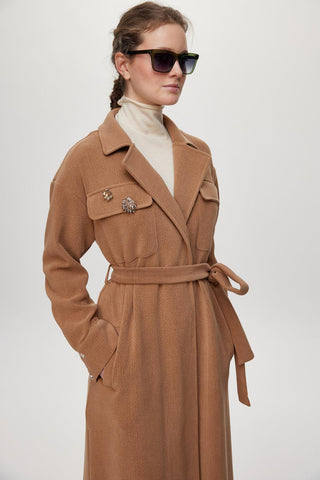 Broş Detaylı Kuşaklı Giy Çık Camel Giy Çık 0217