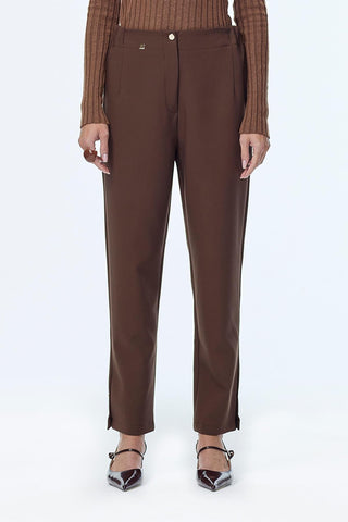 Elastic Waist Button Detail Cigarette Brown Trousers 0251