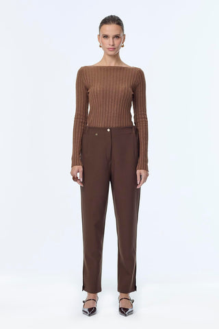 Elastic Waist Button Detail Cigarette Brown Trousers 0251