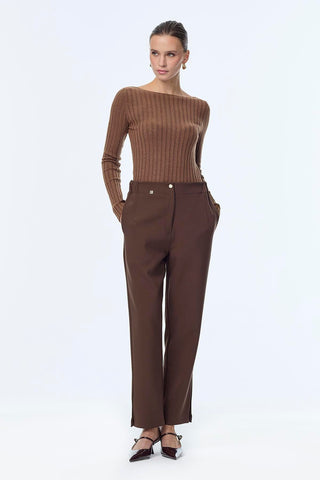 Beli Lastikli Düğme Detaylı Cigarette Kahve Pantolon 0251