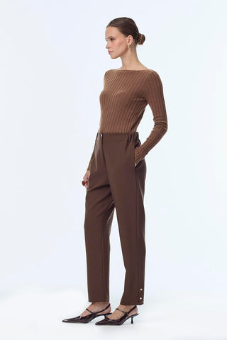 Beli Lastikli Düğme Detaylı Cigarette Kahve Pantolon 0251