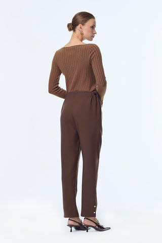 Beli Lastikli Düğme Detaylı Cigarette Kahve Pantolon 0251