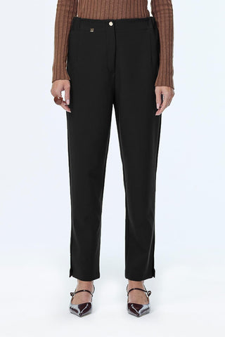Black Cigarette Pants with Elastic Waist and Button Detail 0251