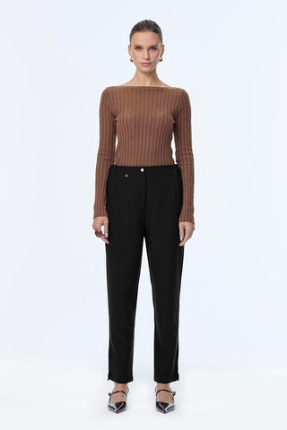 Black Cigarette Pants with Elastic Waist and Button Detail 0251