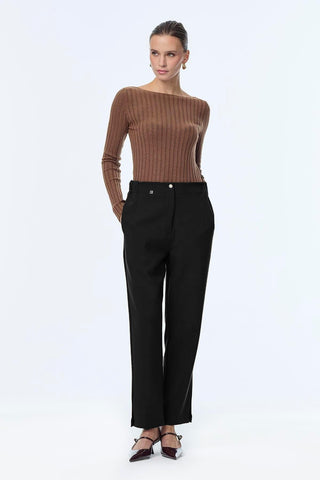 Black Cigarette Pants with Elastic Waist and Button Detail 0251