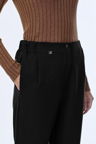 Black Cigarette Pants with Elastic Waist and Button Detail 0251