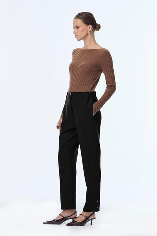 Black Cigarette Pants with Elastic Waist and Button Detail 0251