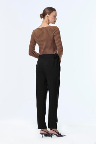 Black Cigarette Pants with Elastic Waist and Button Detail 0251