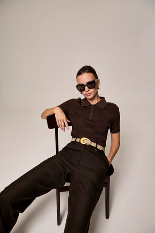 Wide-Leg Trousers with Accessory Details, Brown Trousers 0260