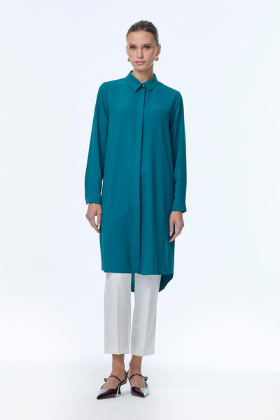 Gizli Düğme Detaylı Tunik Petrol Tunik 0767