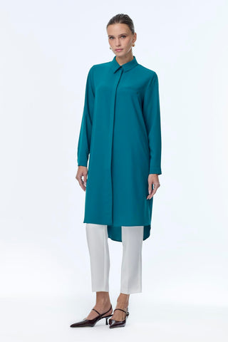 Gizli Düğme Detaylı Tunik Petrol Tunik 0767