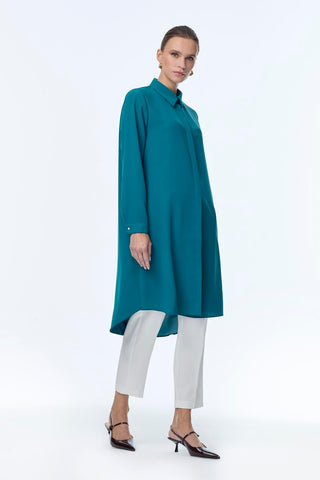 Gizli Düğme Detaylı Tunik Petrol Tunik 0767