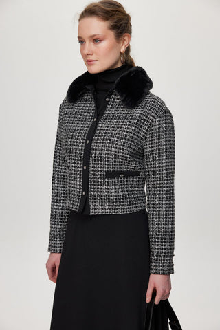 Fur Collar Button Detail Two-Piece Black Set 1201