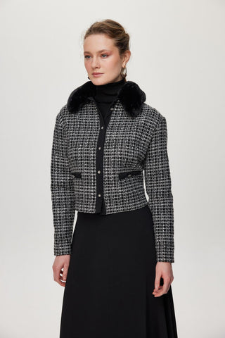 Fur Collar Button Detail Two-Piece Black Set 1201