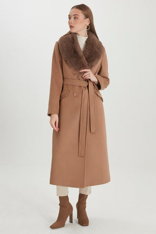 Fur-Collared Coat, Tan, 12358