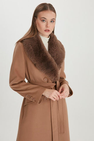 Fur-Collared Coat, Tan, 12358